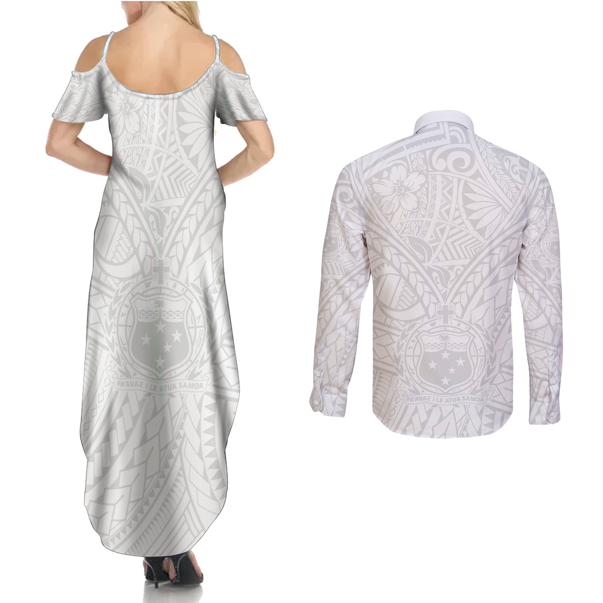 Samoa Lotu Tamaiti Couples Matching Summer Maxi Dress and Long Sleeve Button Shirts Polynesian White Sunday Simple LT9 - Wonder Print Shop