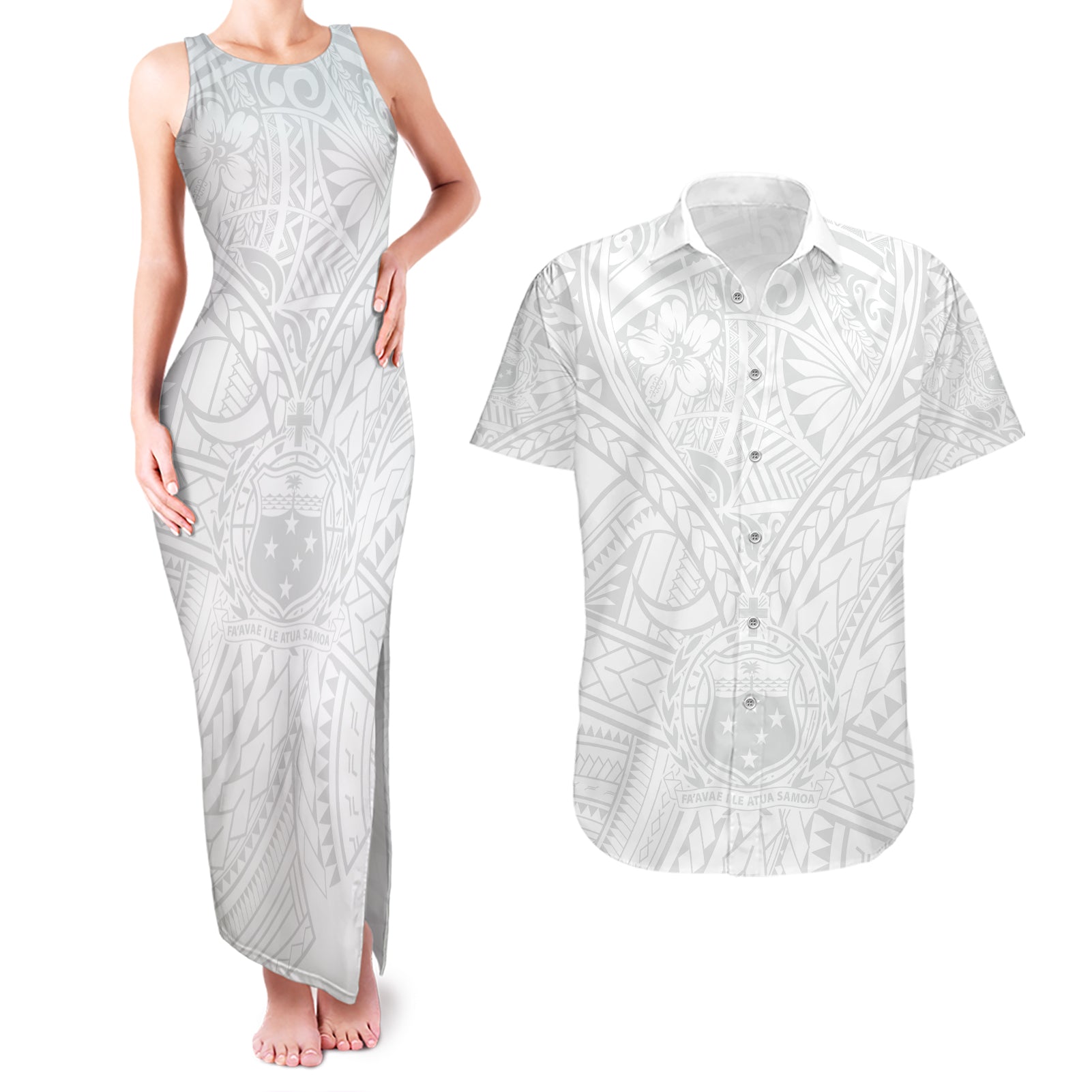 Samoa Lotu Tamaiti Couples Matching Tank Maxi Dress and Hawaiian Shirt Polynesian White Sunday Simple LT9 - Wonder Print Shop