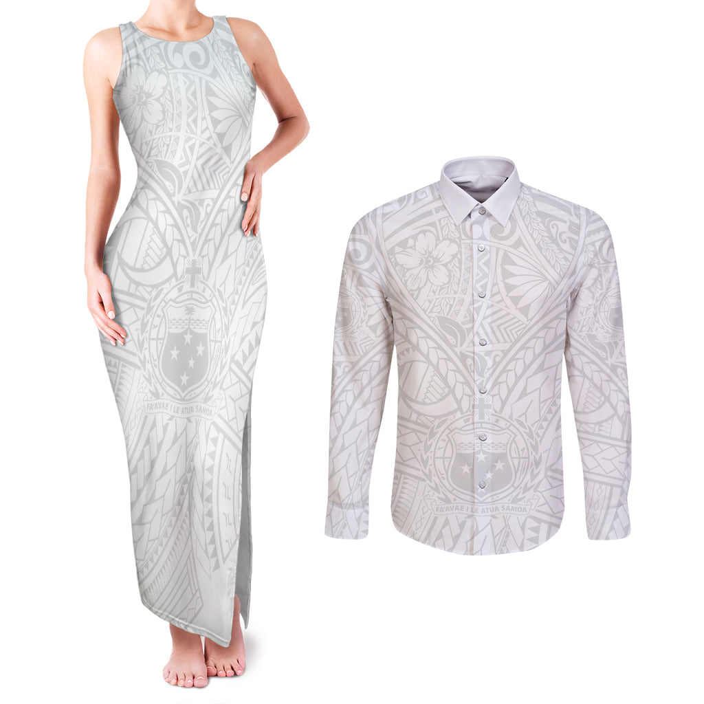Samoa Lotu Tamaiti Couples Matching Tank Maxi Dress and Long Sleeve Button Shirts Polynesian White Sunday Simple LT9 - Wonder Print Shop