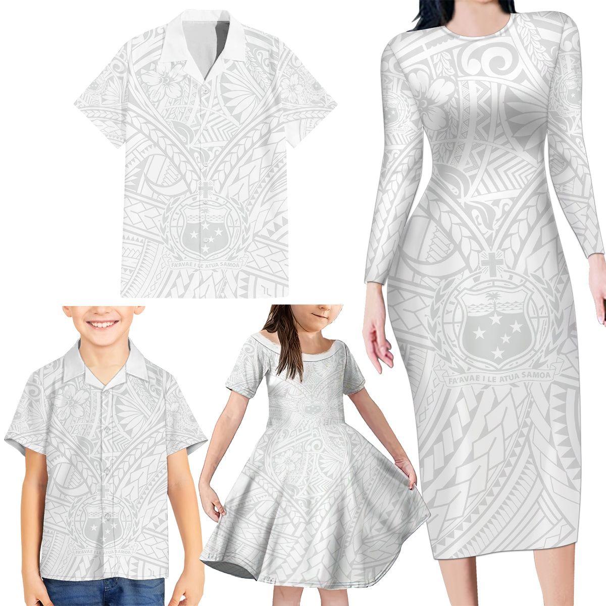Samoa Lotu Tamaiti Family Matching Long Sleeve Bodycon Dress and Hawaiian Shirt Polynesian White Sunday Simple LT9 - Wonder Print Shop