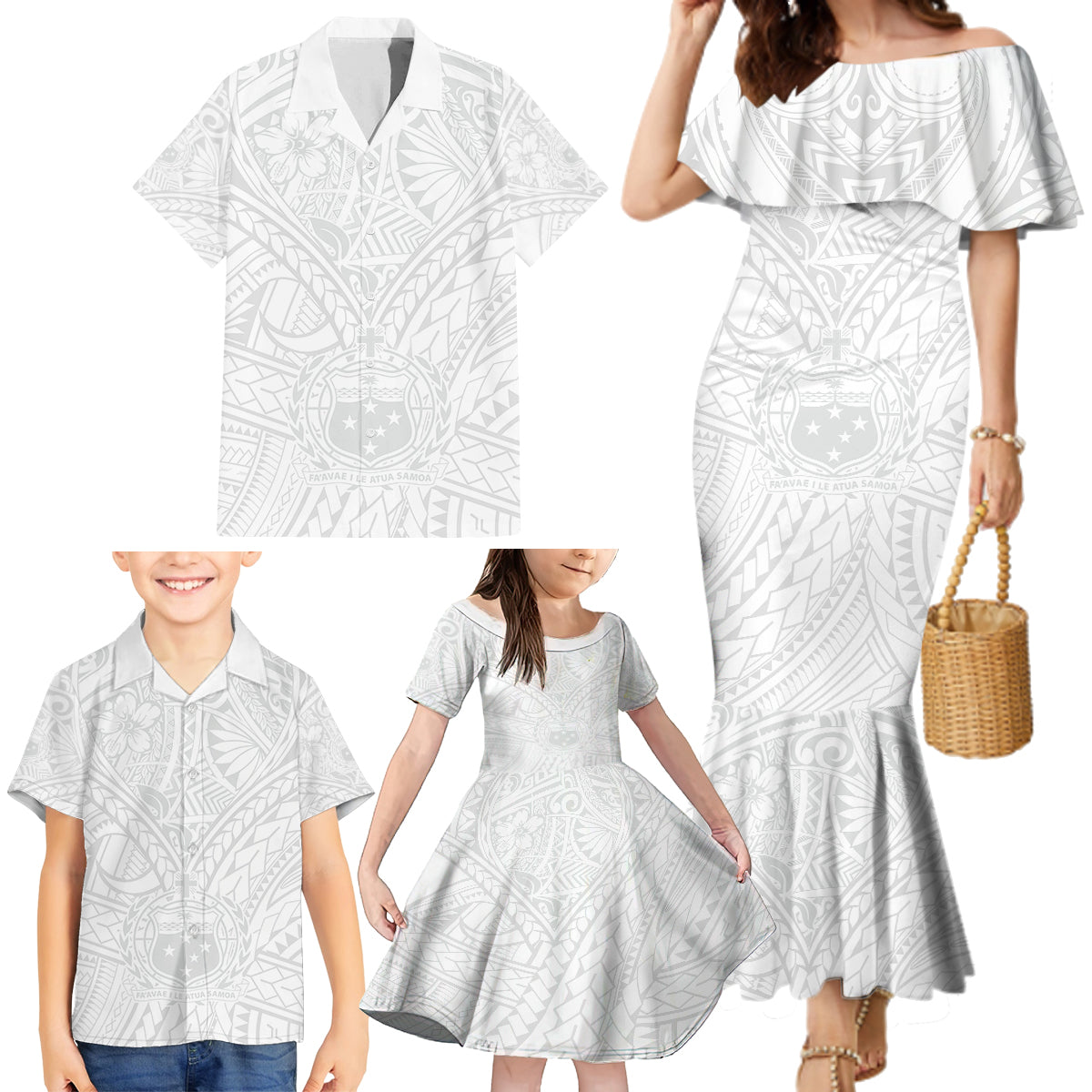 Samoa Lotu Tamaiti Family Matching Mermaid Dress and Hawaiian Shirt Polynesian White Sunday Simple LT9 - Wonder Print Shop