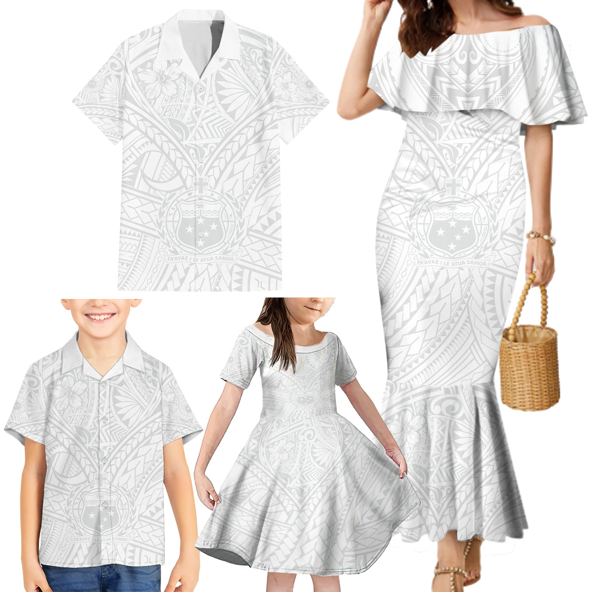 Samoa Lotu Tamaiti Family Matching Mermaid Dress and Hawaiian Shirt Polynesian White Sunday Simple LT9 - Wonder Print Shop