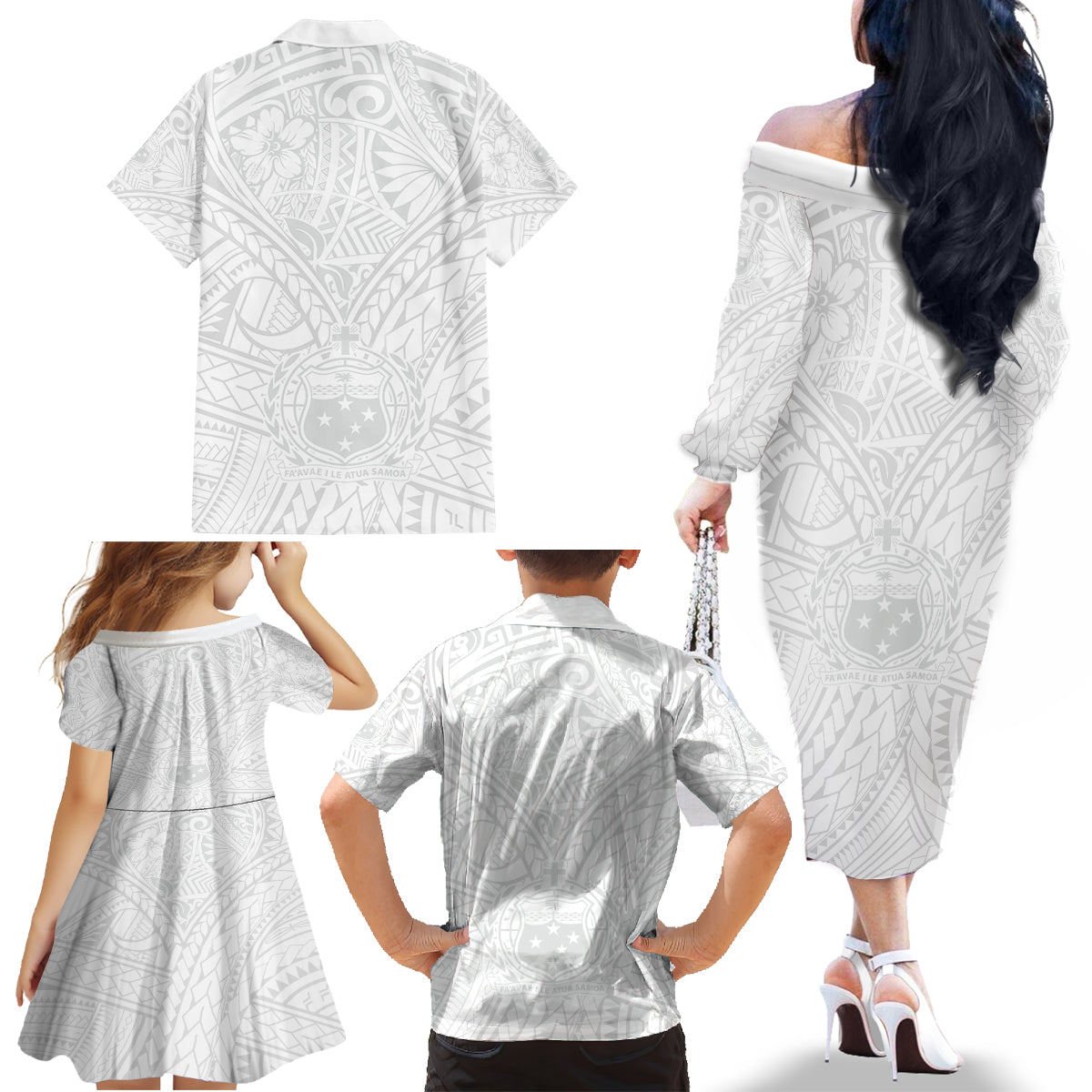 Samoa Lotu Tamaiti Family Matching Off Shoulder Long Sleeve Dress and Hawaiian Shirt Polynesian White Sunday Simple - Wonder Print Shop