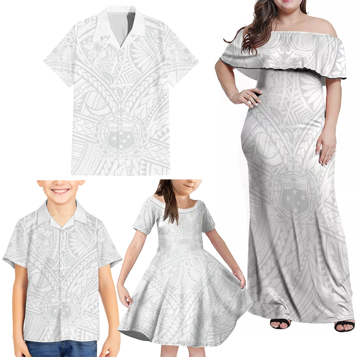 Samoa Lotu Tamaiti Family Matching Off Shoulder Maxi Dress and Hawaiian Shirt Polynesian White Sunday Simple LT9 - Wonder Print Shop