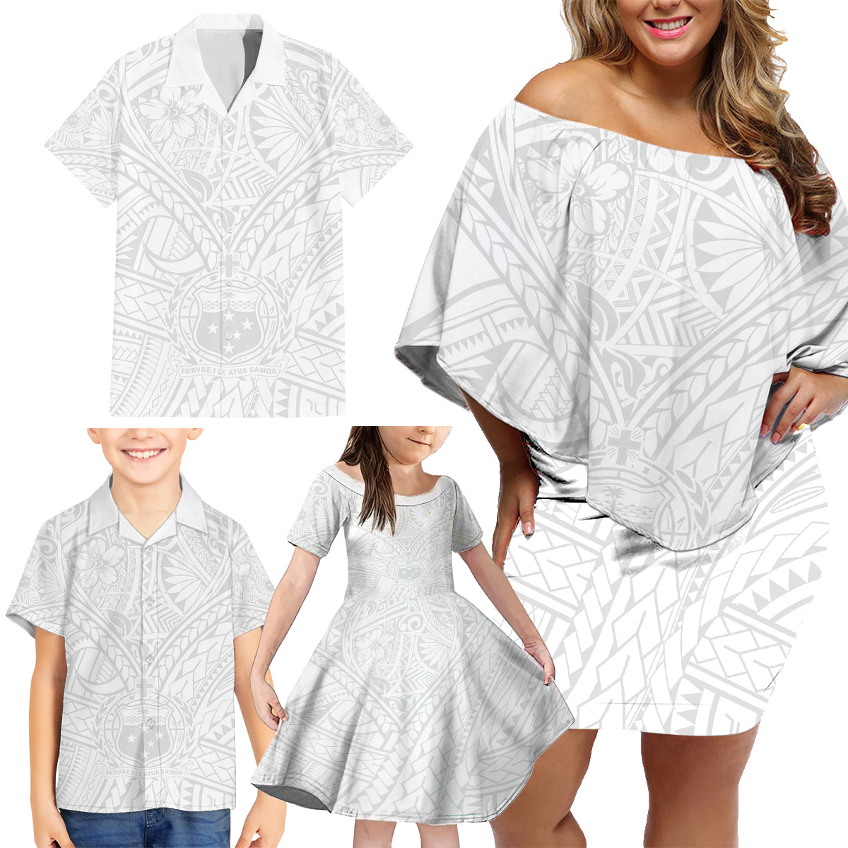 Samoa Lotu Tamaiti Family Matching Off Shoulder Short Dress and Hawaiian Shirt Polynesian White Sunday Simple LT9 - Wonder Print Shop