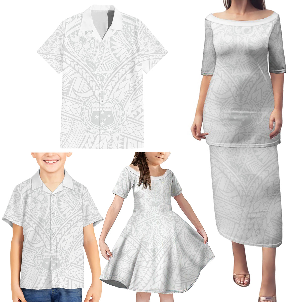 Samoa Lotu Tamaiti Family Matching Puletasi Dress and Hawaiian Shirt Polynesian White Sunday Simple - Wonder Print Shop