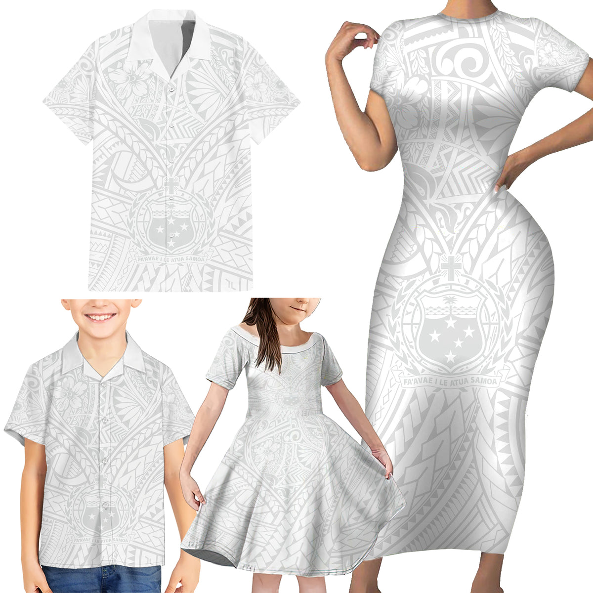 Samoa Lotu Tamaiti Family Matching Short Sleeve Bodycon Dress and Hawaiian Shirt Polynesian White Sunday Simple - Wonder Print Shop