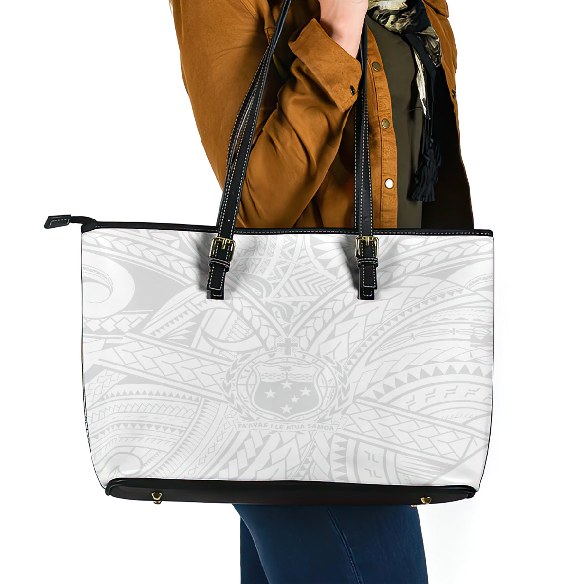Samoa Lotu Tamaiti Leather Tote Bag Polynesian White Sunday Simple - Wonder Print Shop