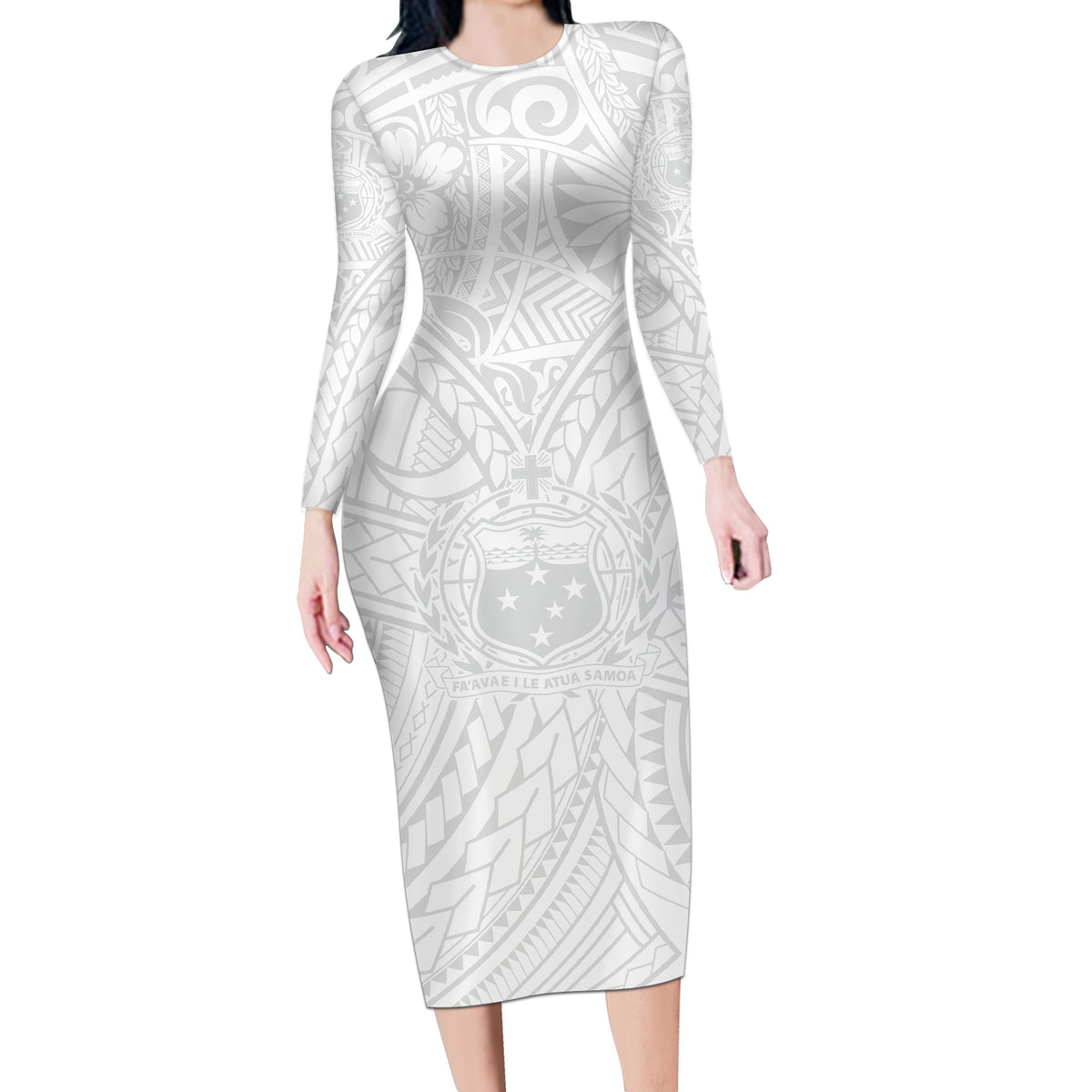 Samoa Lotu Tamaiti Long Sleeve Bodycon Dress Polynesian White Sunday Simple - Wonder Print Shop