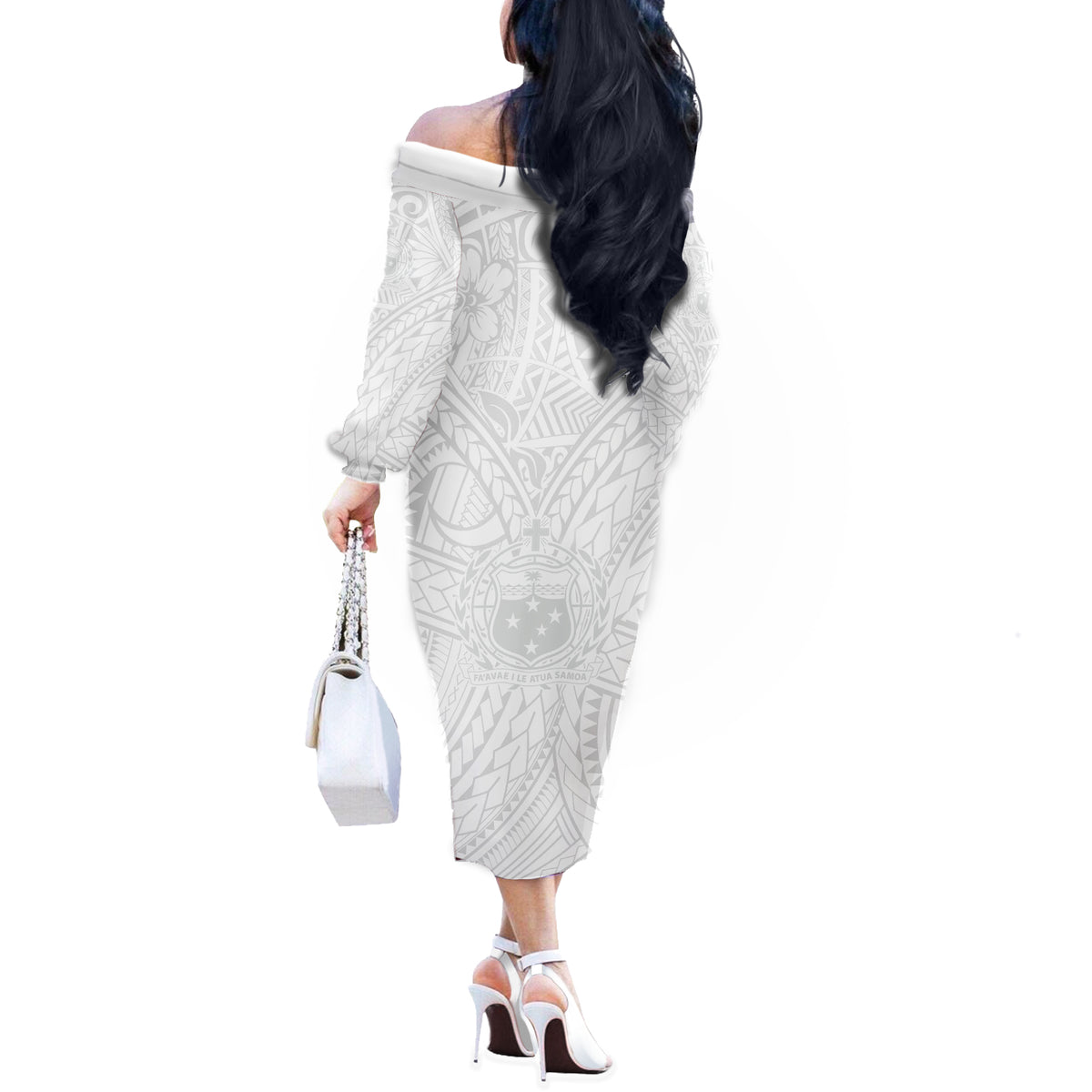 Samoa Lotu Tamaiti Off The Shoulder Long Sleeve Dress Polynesian White Sunday Simple - Wonder Print Shop