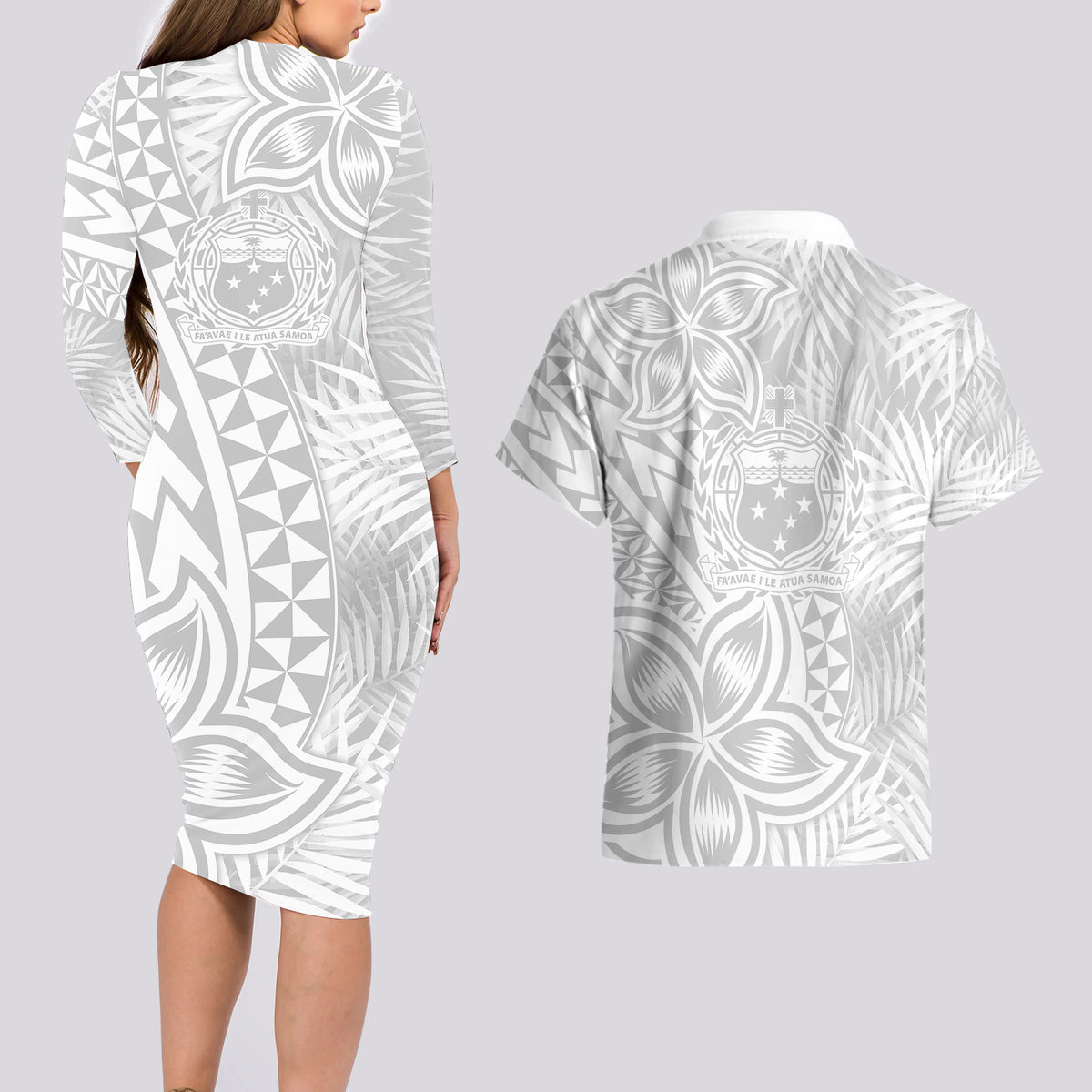 Samoa Lotu Tamait Couples Matching Long Sleeve Bodycon Dress and Hawaiian Shirt Tropical Plant White Sunday With Polynesia Pattern LT9 - Wonder Print Shop