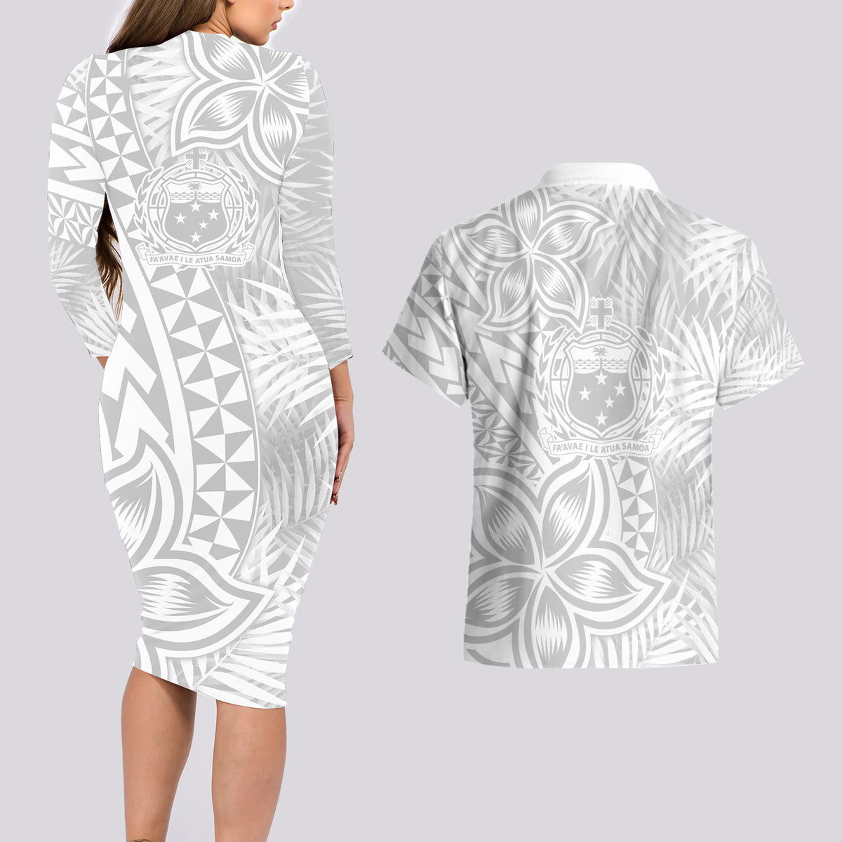 Samoa Lotu Tamait Couples Matching Long Sleeve Bodycon Dress and Hawaiian Shirt Tropical Plant White Sunday With Polynesia Pattern LT9 - Wonder Print Shop
