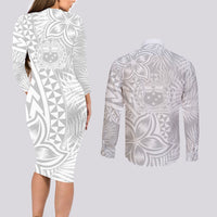 Samoa Lotu Tamait Couples Matching Long Sleeve Bodycon Dress and Long Sleeve Button Shirts Tropical Plant White Sunday With Polynesia Pattern LT9 - Wonder Print Shop