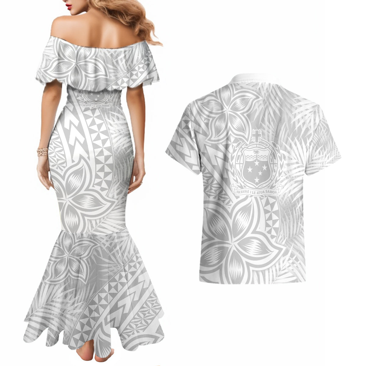 Samoa Lotu Tamait Couples Matching Mermaid Dress and Hawaiian Shirt Tropical Plant White Sunday With Polynesia Pattern LT9 - Wonder Print Shop