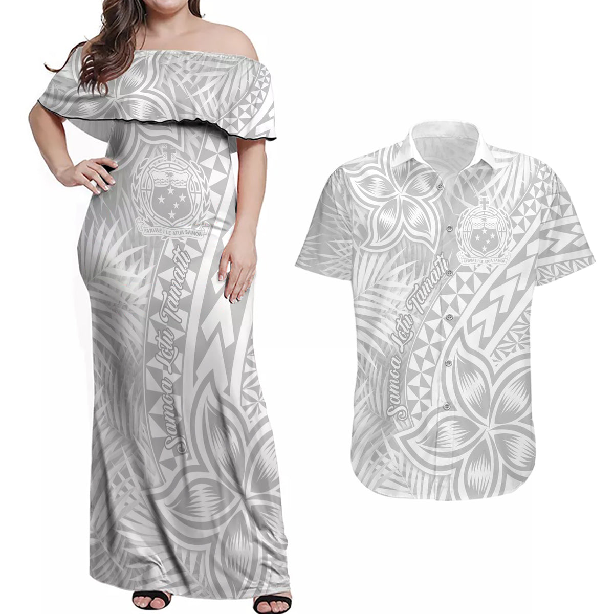 Samoa Lotu Tamait Couples Matching Off Shoulder Maxi Dress and Hawaiian Shirt Tropical Plant White Sunday With Polynesia Pattern LT9 - Wonder Print Shop