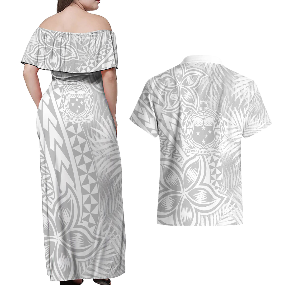 Samoa Lotu Tamait Couples Matching Off Shoulder Maxi Dress and Hawaiian Shirt Tropical Plant White Sunday With Polynesia Pattern LT9 - Wonder Print Shop