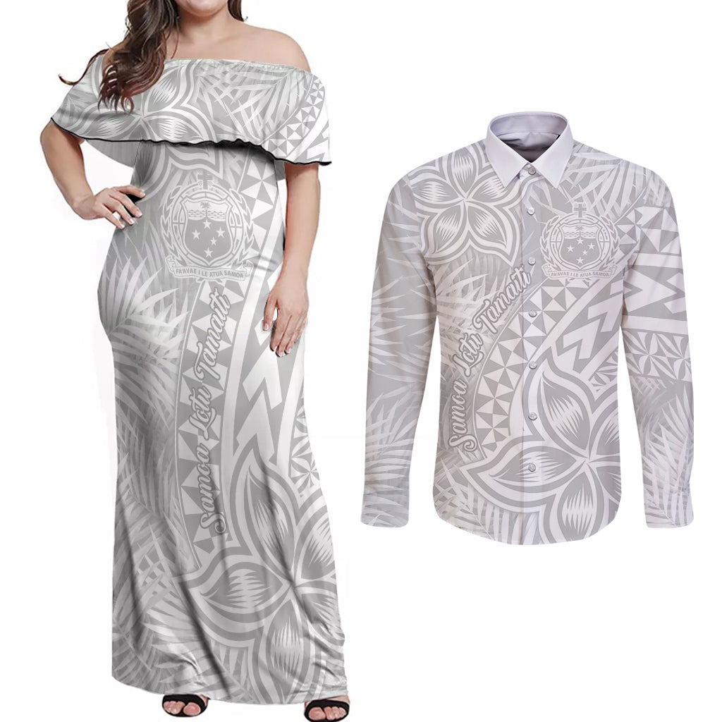 Samoa Lotu Tamait Couples Matching Off Shoulder Maxi Dress and Long Sleeve Button Shirts Tropical Plant White Sunday With Polynesia Pattern LT9 - Wonder Print Shop