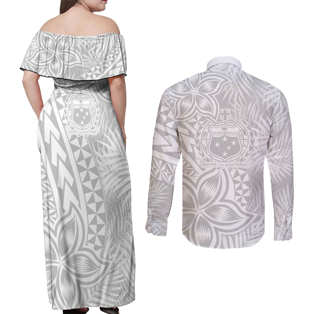 Samoa Lotu Tamait Couples Matching Off Shoulder Maxi Dress and Long Sleeve Button Shirts Tropical Plant White Sunday With Polynesia Pattern LT9 - Wonder Print Shop