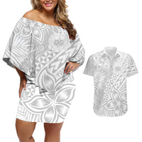 Samoa Lotu Tamait Couples Matching Off Shoulder Short Dress and Hawaiian Shirt Tropical Plant White Sunday With Polynesia Pattern LT9 - Wonder Print Shop