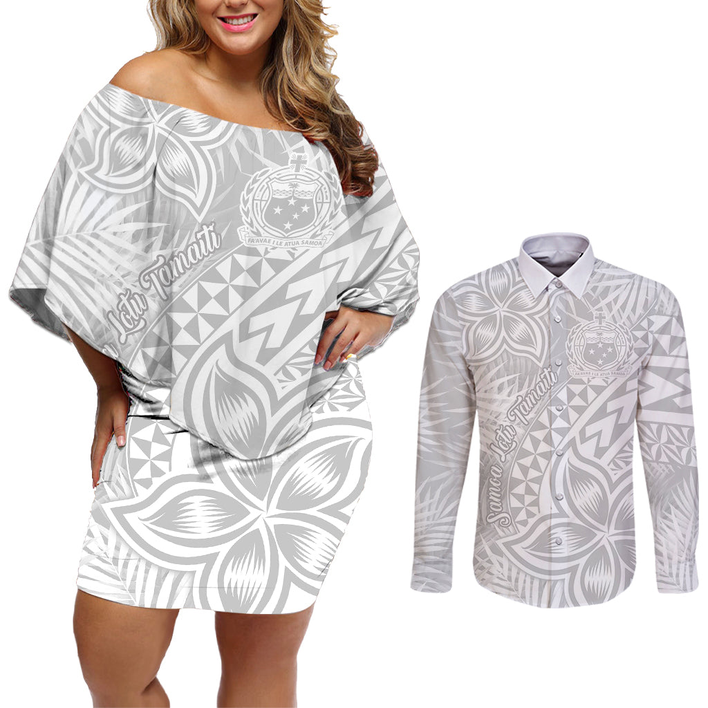 Samoa Lotu Tamait Couples Matching Off Shoulder Short Dress and Long Sleeve Button Shirts Tropical Plant White Sunday With Polynesia Pattern LT9 - Wonder Print Shop