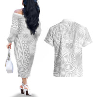 Samoa Lotu Tamait Couples Matching Off The Shoulder Long Sleeve Dress and Hawaiian Shirt Tropical Plant White Sunday With Polynesia Pattern LT9 - Wonder Print Shop