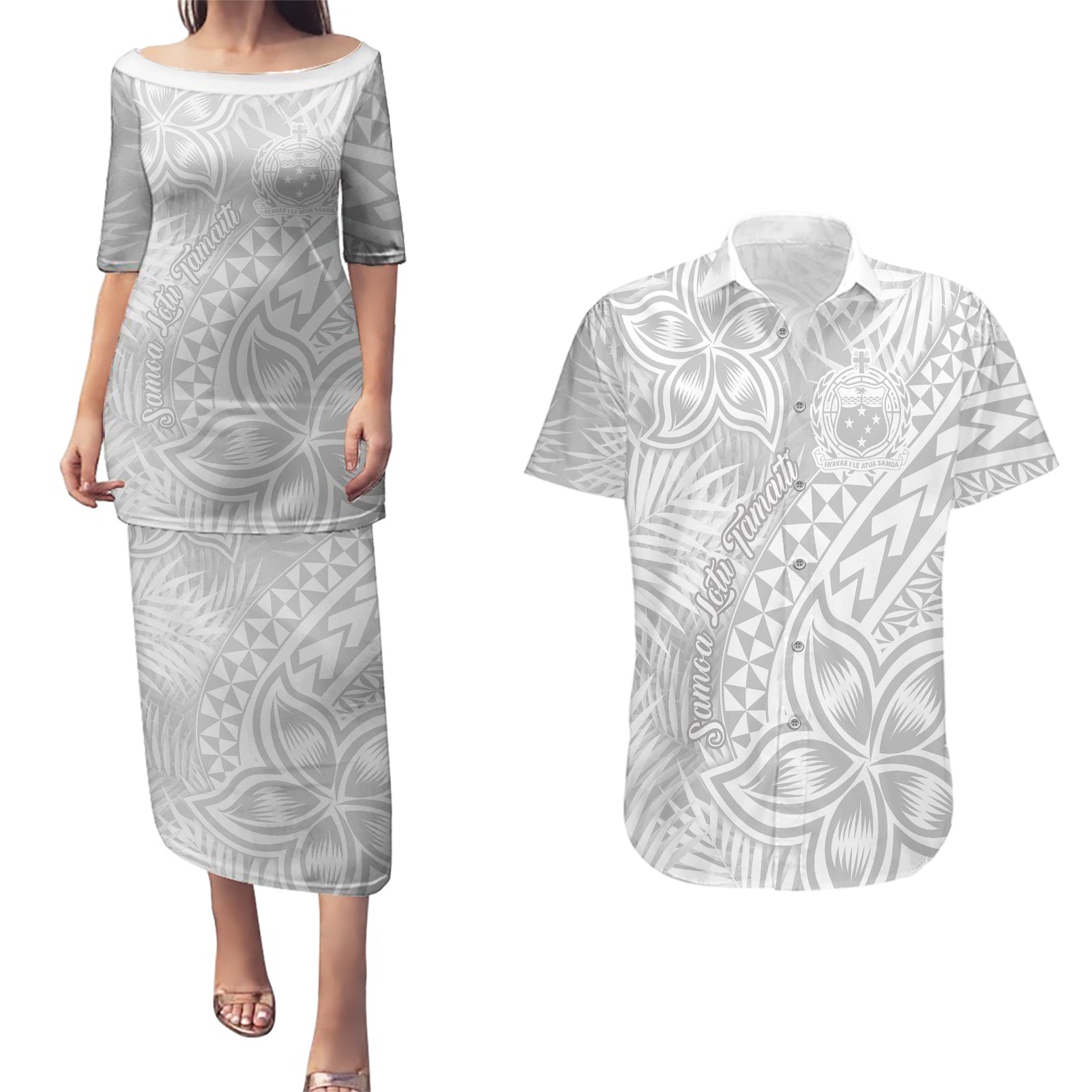 Samoa Lotu Tamait Couples Matching Puletasi Dress and Hawaiian Shirt Tropical Plant White Sunday With Polynesia Pattern LT9 - Wonder Print Shop