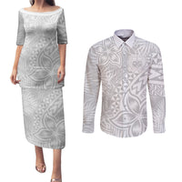 Samoa Lotu Tamait Couples Matching Puletasi Dress and Long Sleeve Button Shirts Tropical Plant White Sunday With Polynesia Pattern LT9 - Wonder Print Shop