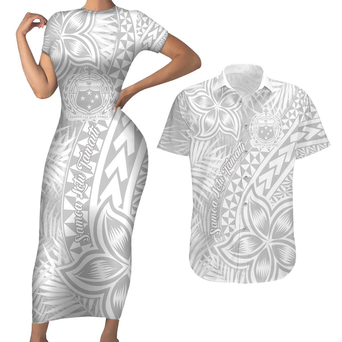 Samoa Lotu Tamait Couples Matching Short Sleeve Bodycon Dress and Hawaiian Shirt Tropical Plant White Sunday With Polynesia Pattern LT9 - Wonder Print Shop