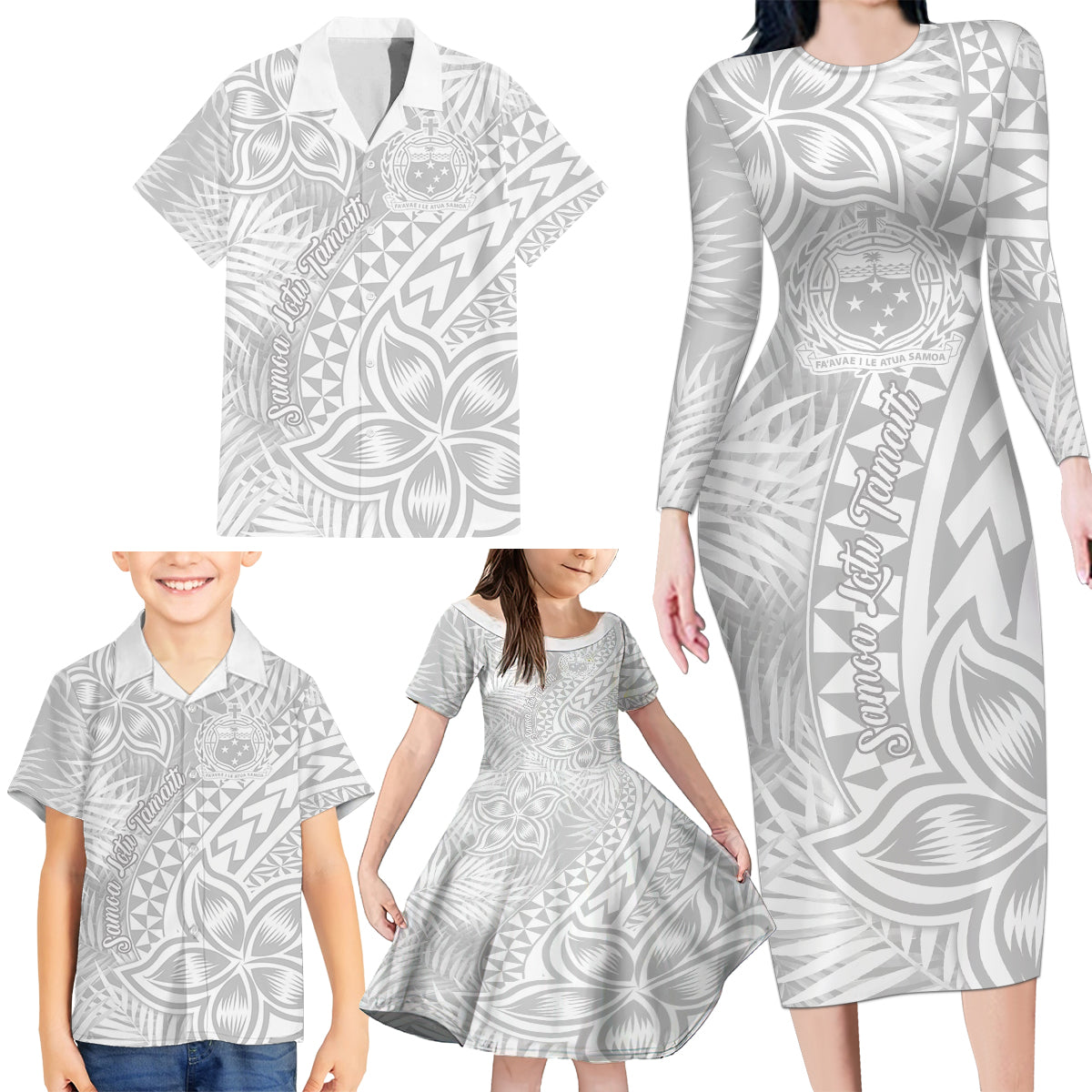 Samoa Lotu Tamait Family Matching Long Sleeve Bodycon Dress and Hawaiian Shirt Tropical Plant White Sunday With Polynesia Pattern LT9 - Wonder Print Shop