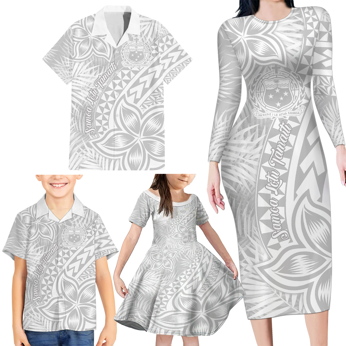 Samoa Lotu Tamait Family Matching Long Sleeve Bodycon Dress and Hawaiian Shirt Tropical Plant White Sunday With Polynesia Pattern LT9 - Wonder Print Shop