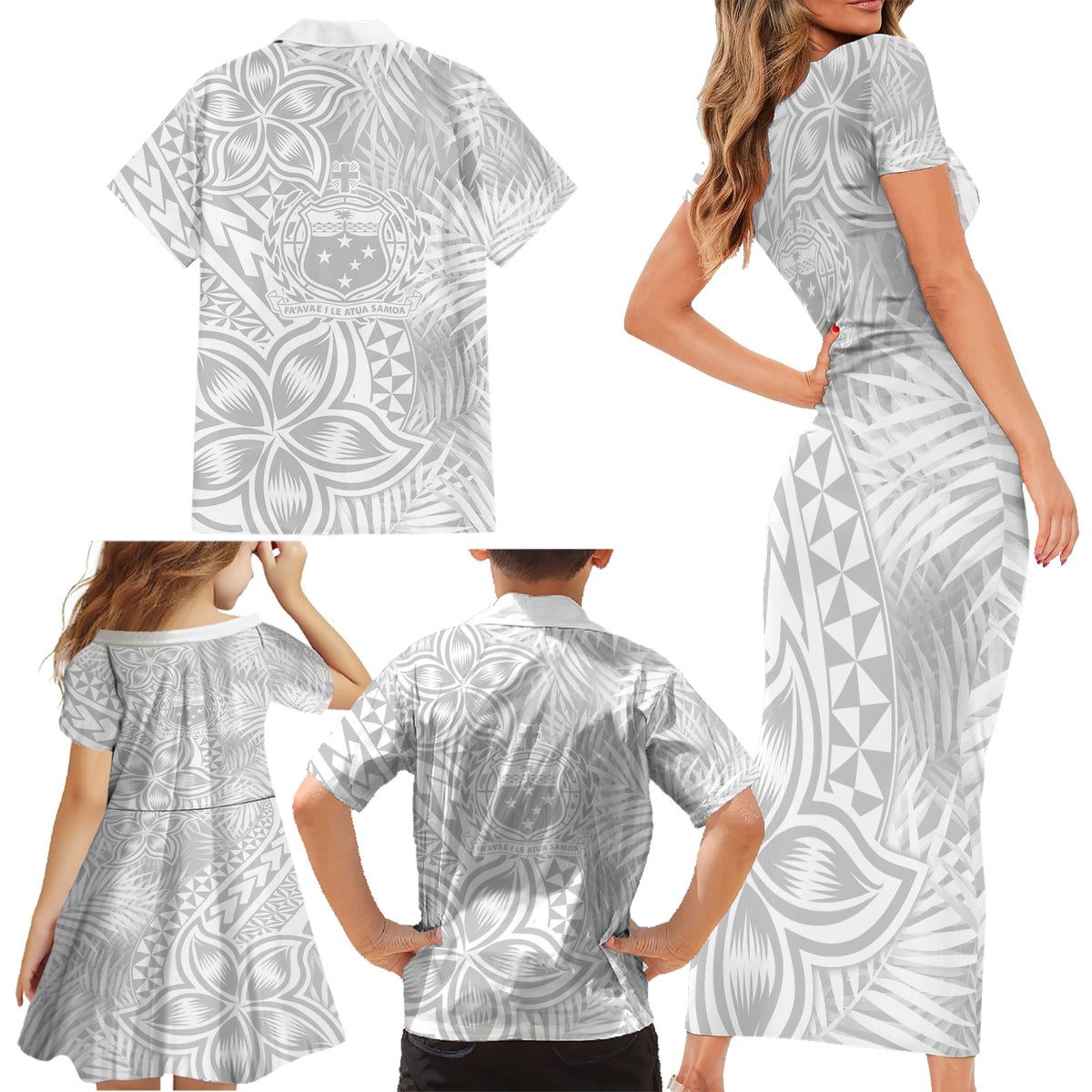 Samoa Lotu Tamait Family Matching Short Sleeve Bodycon Dress and Hawaiian Shirt Tropical Plant White Sunday With Polynesia Pattern - Wonder Print Shop