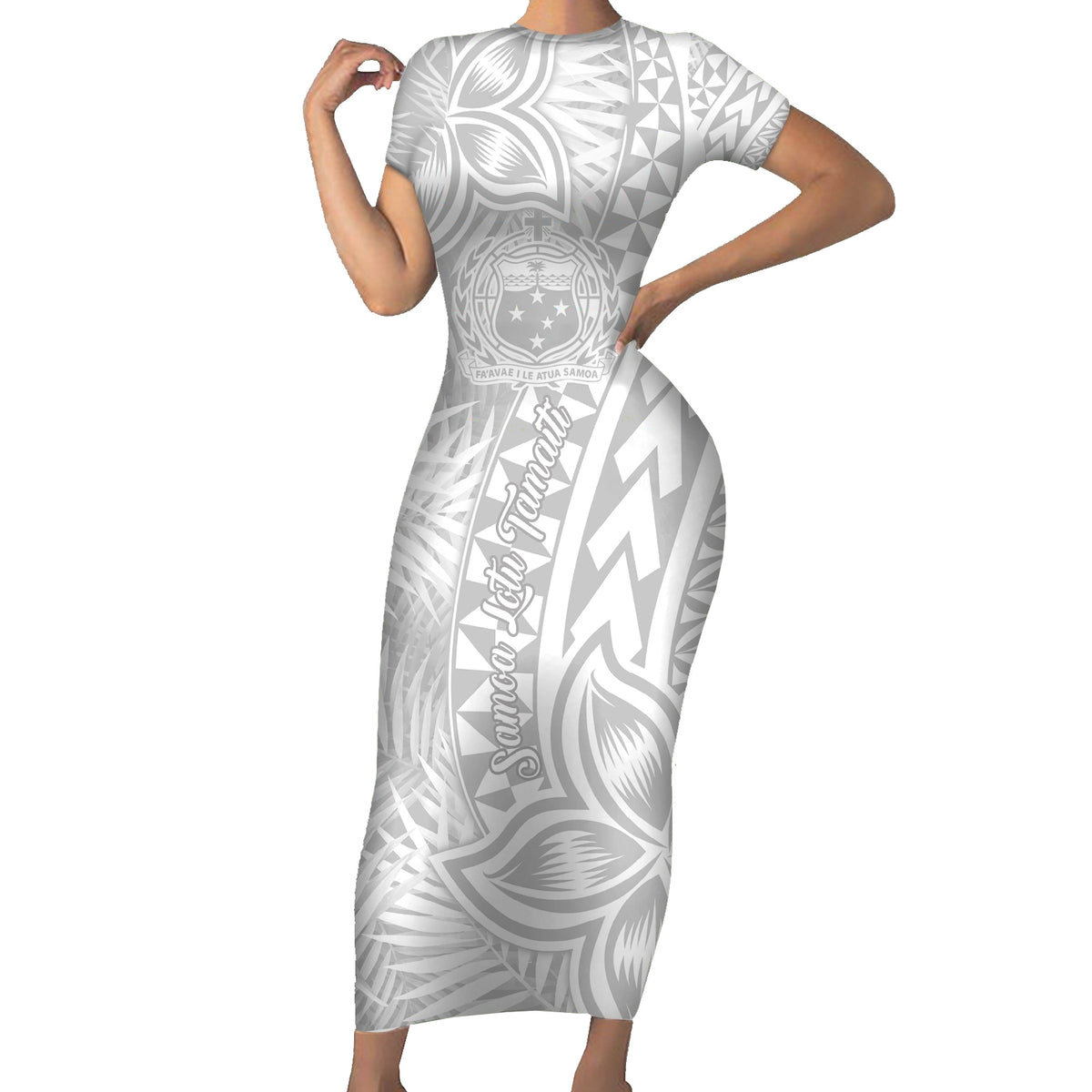 Samoa Lotu Tamait Family Matching Short Sleeve Bodycon Dress and Hawaiian Shirt Tropical Plant White Sunday With Polynesia Pattern - Wonder Print Shop