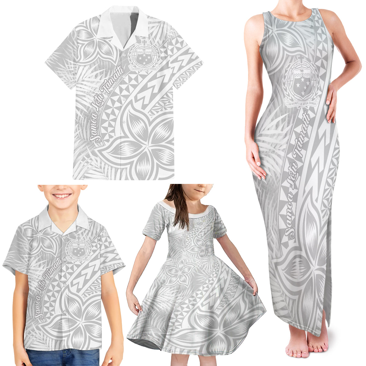 Samoa Lotu Tamait Family Matching Tank Maxi Dress and Hawaiian Shirt Tropical Plant White Sunday With Polynesia Pattern - Wonder Print Shop