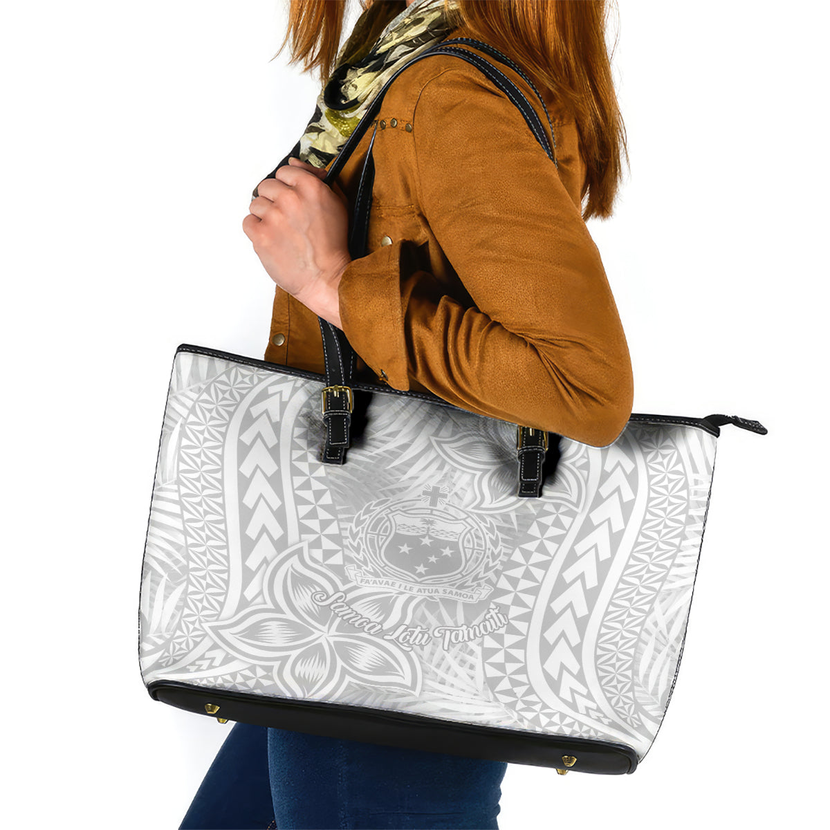 Samoa Lotu Tamait Leather Tote Bag Tropical Plant White Sunday With Polynesia Pattern - Wonder Print Shop