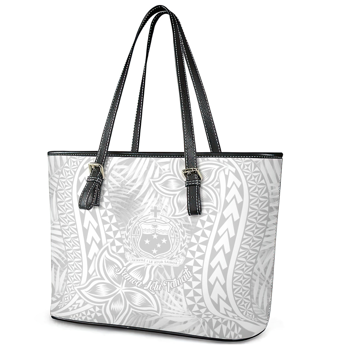 Samoa Lotu Tamait Leather Tote Bag Tropical Plant White Sunday With Polynesia Pattern - Wonder Print Shop