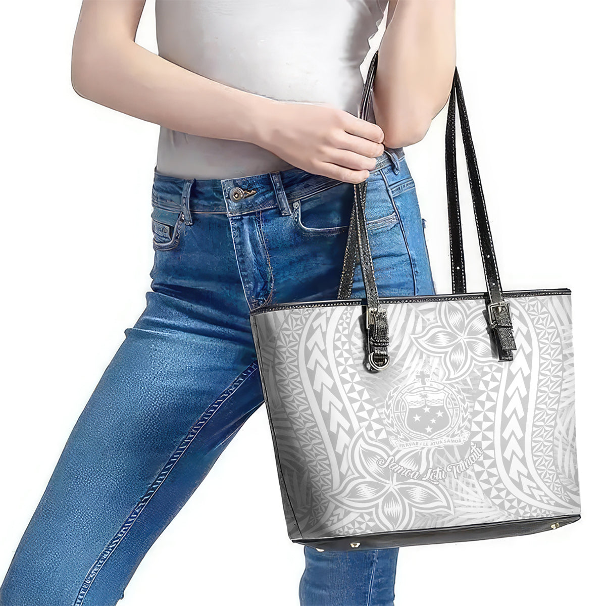 Samoa Lotu Tamait Leather Tote Bag Tropical Plant White Sunday With Polynesia Pattern - Wonder Print Shop