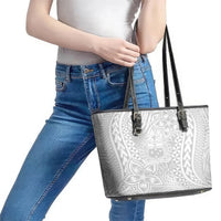 Samoa Lotu Tamait Leather Tote Bag Tropical Plant White Sunday With Polynesia Pattern - Wonder Print Shop