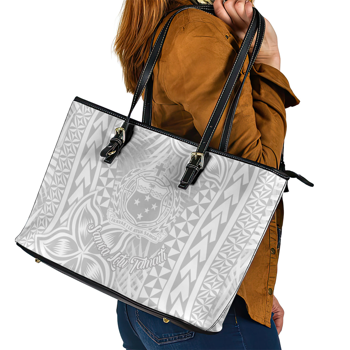 Samoa Lotu Tamait Leather Tote Bag Tropical Plant White Sunday With Polynesia Pattern - Wonder Print Shop