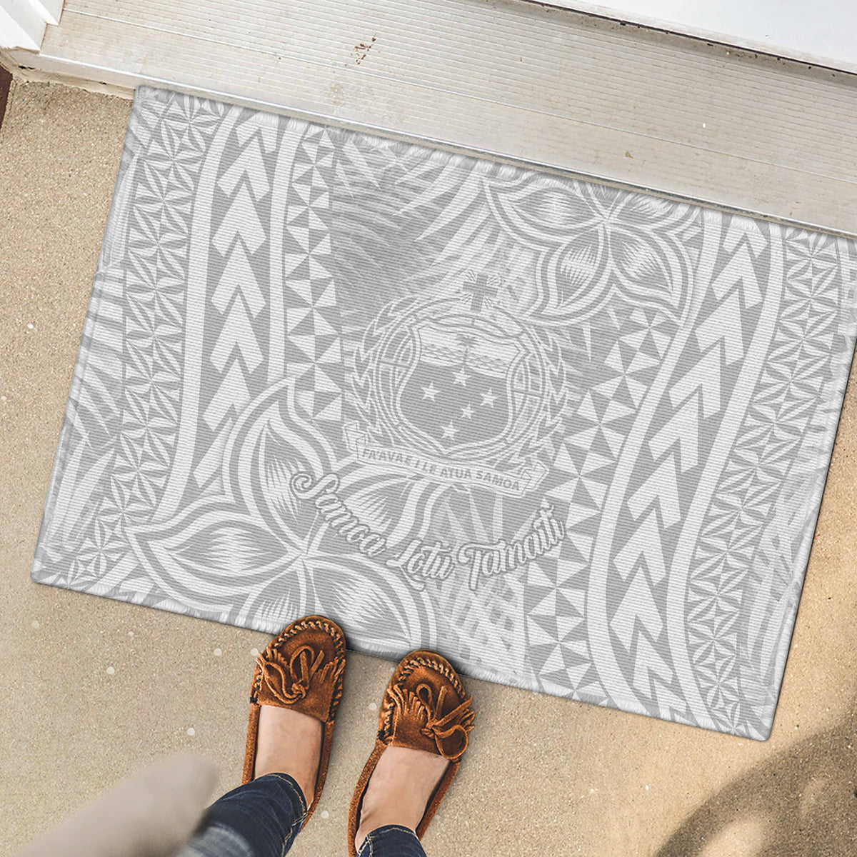 Samoa Lotu Tamait Rubber Doormat Tropical Plant White Sunday With Polynesia Pattern - Wonder Print Shop