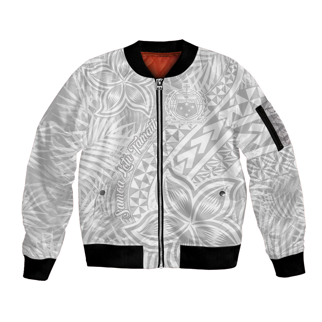 Samoa Lotu Tamait Sleeve Zip Bomber Jacket Tropical Plant White Sunday With Polynesia Pattern - Wonder Print Shop