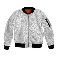 Samoa Lotu Tamait Sleeve Zip Bomber Jacket Tropical Plant White Sunday With Polynesia Pattern - Wonder Print Shop