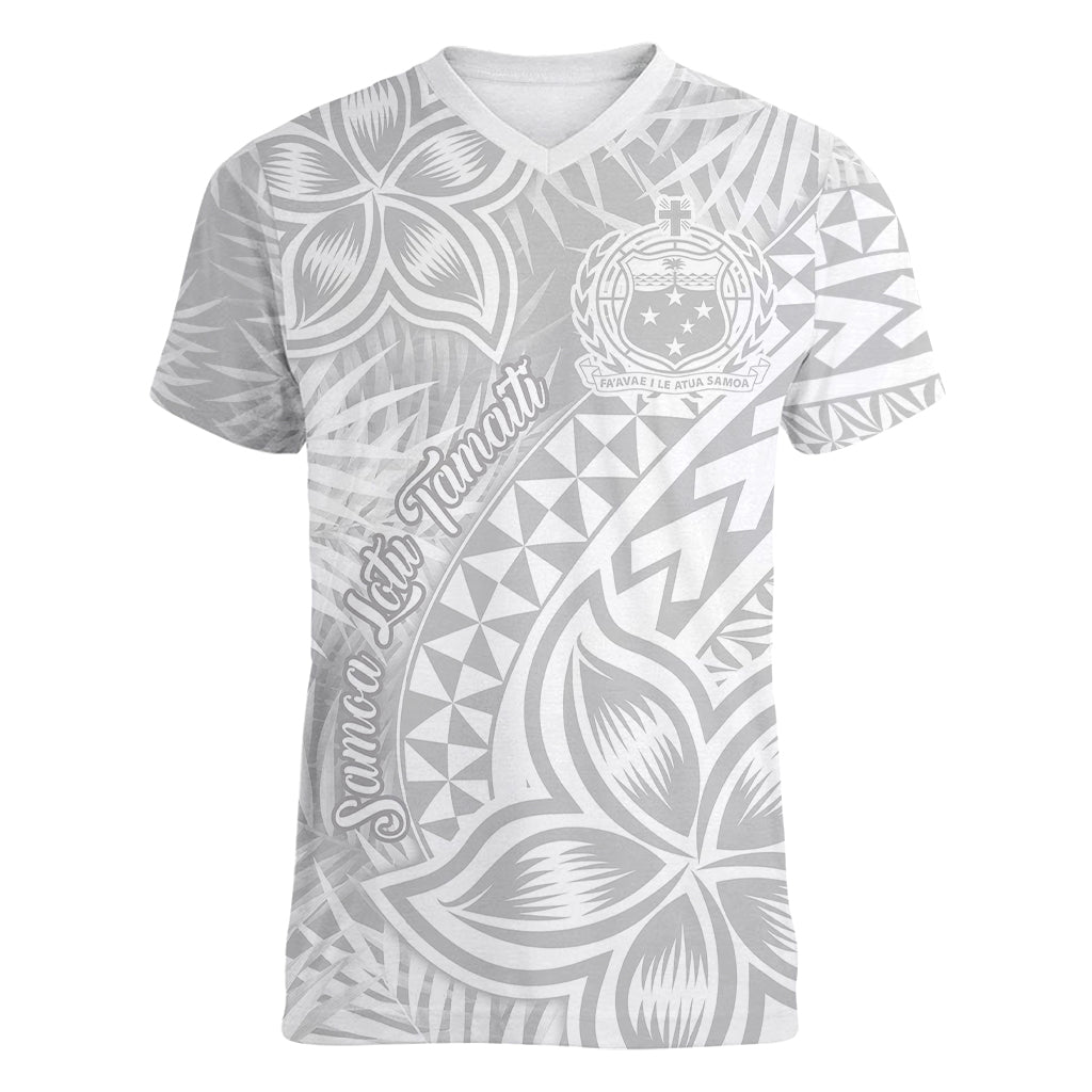 Samoa Lotu Tamait Women V Neck T Shirt Tropical Plant White Sunday With Polynesia Pattern - Wonder Print Shop