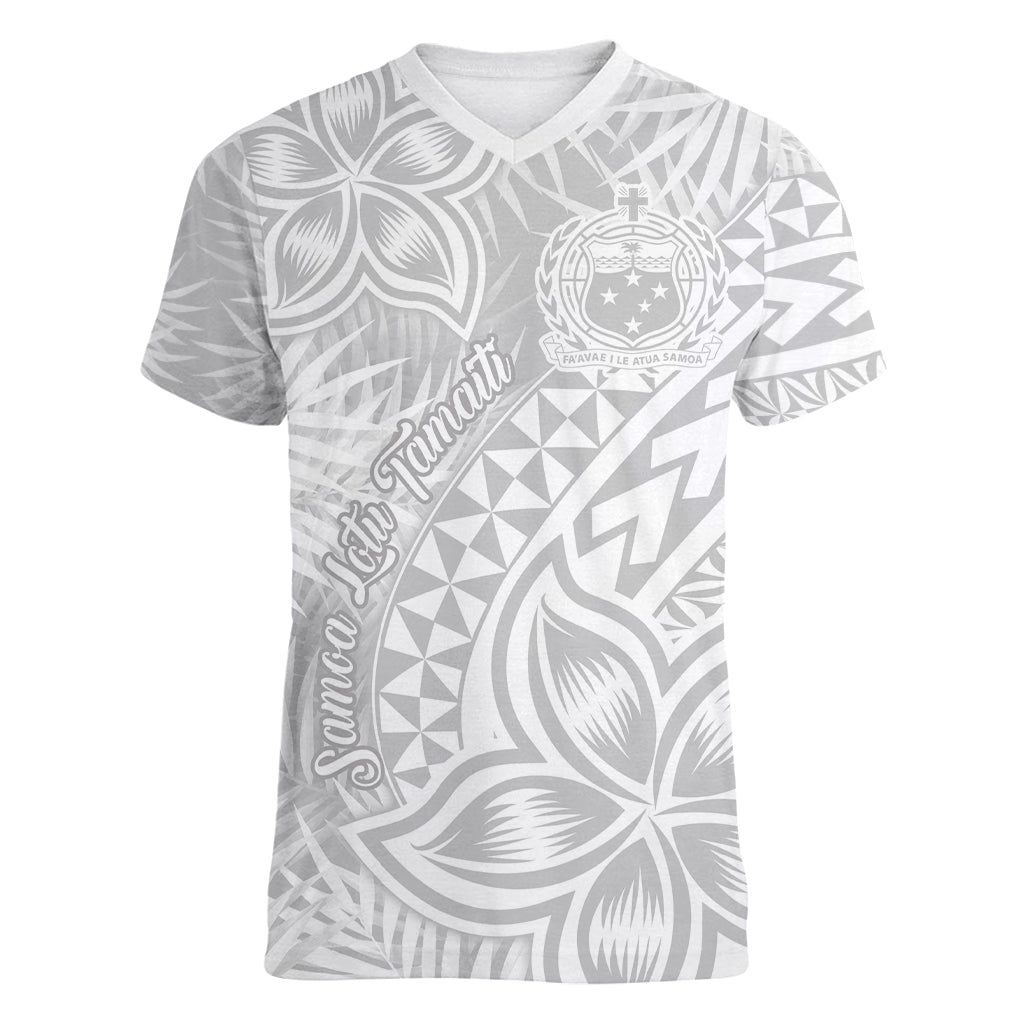 Samoa Lotu Tamait Women V Neck T Shirt Tropical Plant White Sunday With Polynesia Pattern - Wonder Print Shop