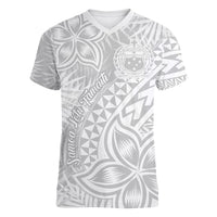 Samoa Lotu Tamait Women V Neck T Shirt Tropical Plant White Sunday With Polynesia Pattern - Wonder Print Shop