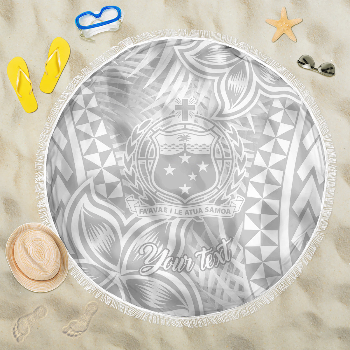 Personalised Samoa Lotu Tamait Beach Blanket Tropical Plant White Sunday With Polynesia Pattern LT9 - Wonder Print Shop