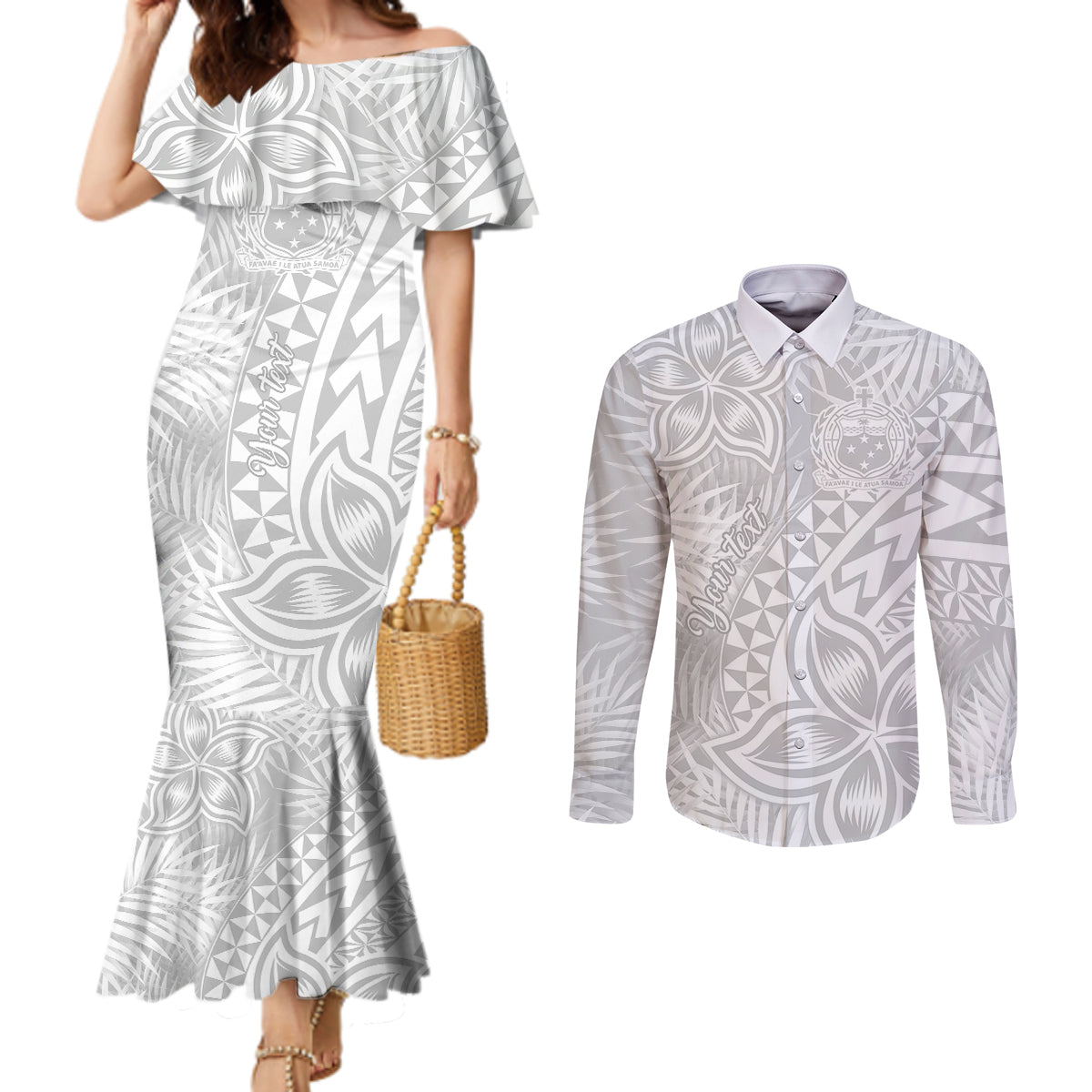 personalised-samoa-lotu-tamait-couples-matching-mermaid-dress-and-long-sleeve-button-shirts-tropical-plant-white-sunday-with-polynesia-pattern