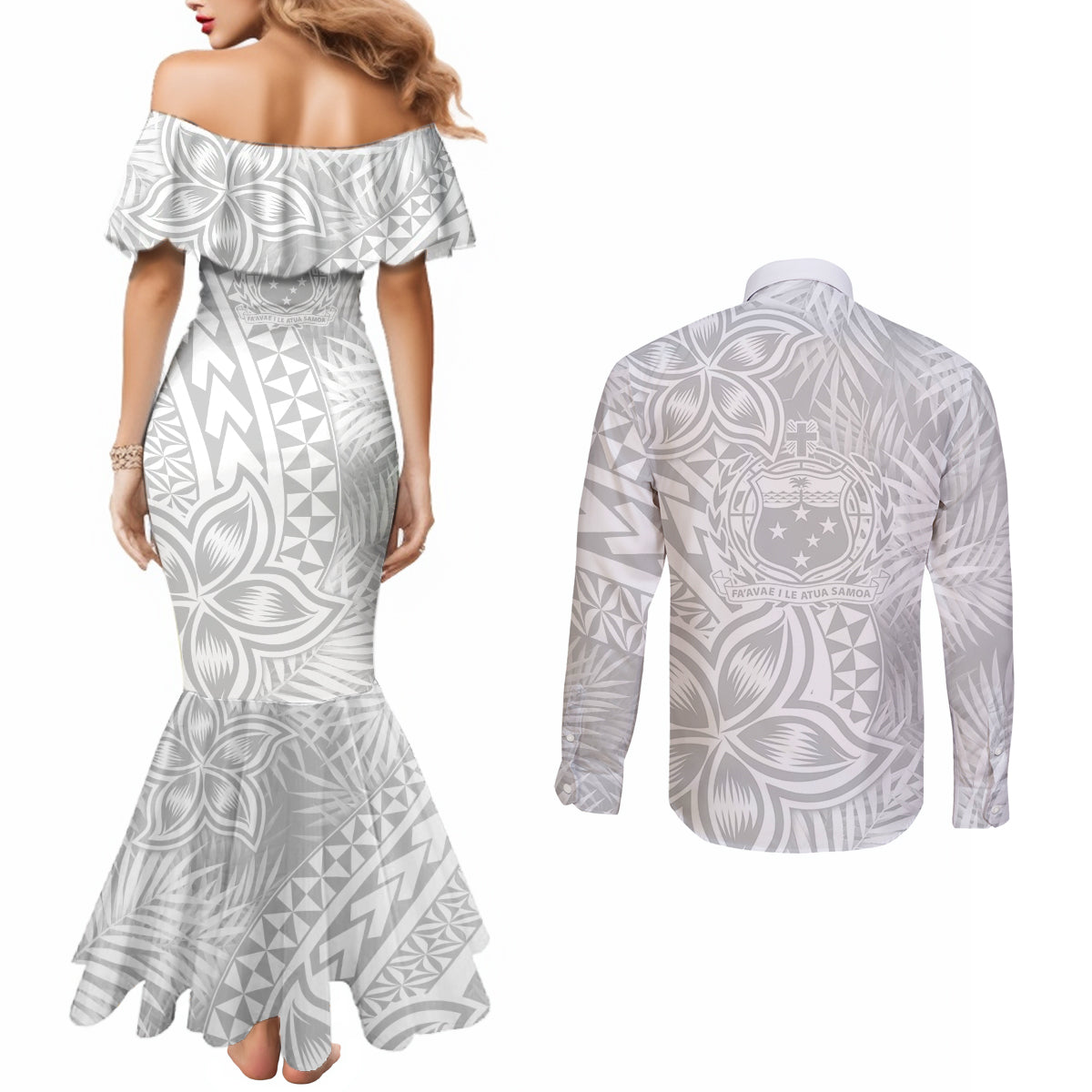 personalised-samoa-lotu-tamait-couples-matching-mermaid-dress-and-long-sleeve-button-shirts-tropical-plant-white-sunday-with-polynesia-pattern