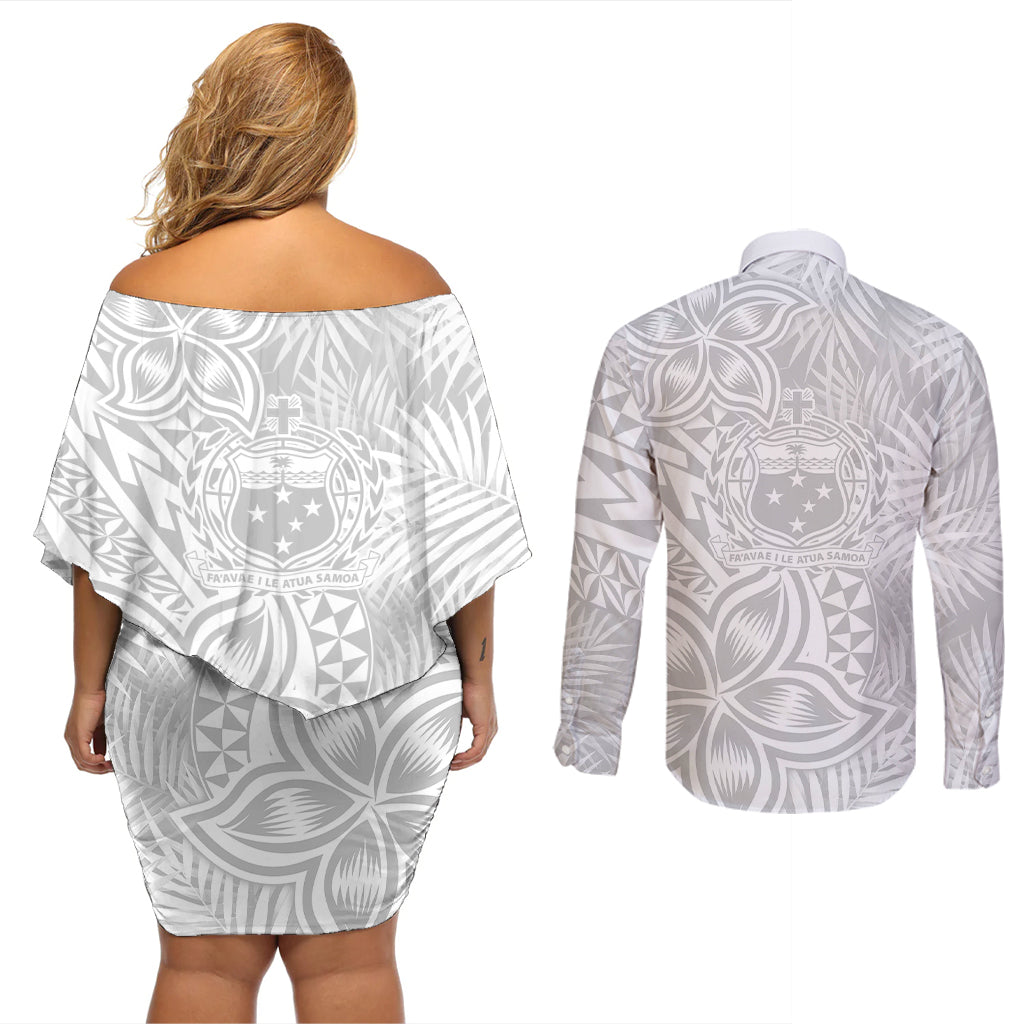 Personalised Samoa Lotu Tamait Couples Matching Off Shoulder Short Dress and Long Sleeve Button Shirts Tropical Plant White Sunday With Polynesia Pattern LT9 - Wonder Print Shop