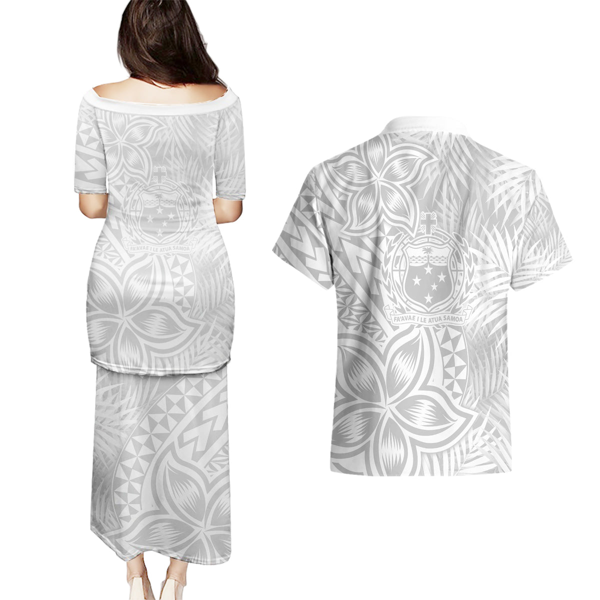 Personalised Samoa Lotu Tamait Couples Matching Puletasi Dress and Hawaiian Shirt Tropical Plant White Sunday With Polynesia Pattern LT9 - Wonder Print Shop
