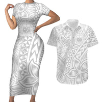 Personalised Samoa Lotu Tamait Couples Matching Short Sleeve Bodycon Dress and Hawaiian Shirt Tropical Plant White Sunday With Polynesia Pattern LT9 - Wonder Print Shop